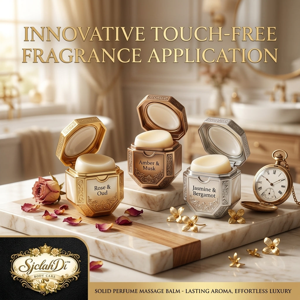 SjclahDi™ Luxury Solid Perfume Massage Balm | Touch-Free Fragrance Applicator, Long-Lasting Body Balm & Scented Skin Moisturizer | Rose & Oud, Amber & Musk, Jasmine & Bergamot | Travel-Friendly Mess-Free Pocket Perfume for Women & Men