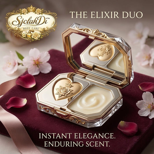 SjclahDi™ The Elixir Duo | Luxury Solid Perfume & Nourishing Scented Balm Compact | Long-Lasting Pocket Fragrance, Travel-Friendly Solid Cologne, Elegant Heart Embossed Royal Gift for Women